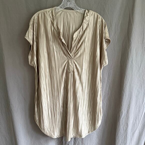 None and/or Unknown Tops - Vintage 80s Gold Crinkle Blouse Tunic Top Pleated Satin‎ Minimalist L/XL No Tags